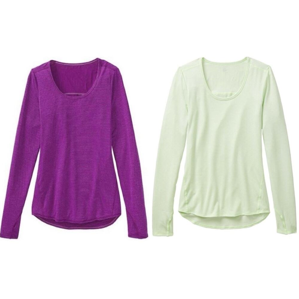 Athleta Set-of-Two Heather Stripe Chi Tops in Wasabi Green/White & Purple Size S